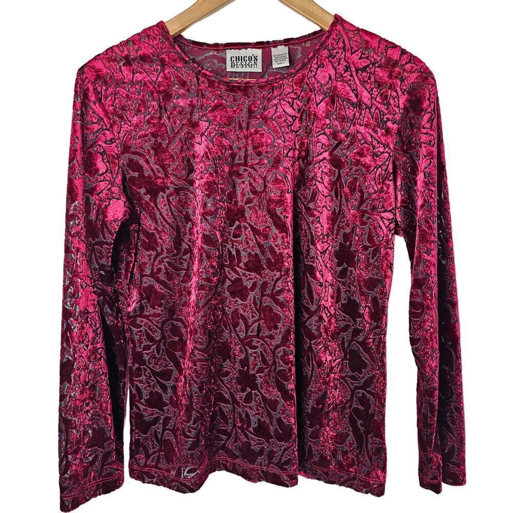 Vintage Chico's Velvet Blouse Womens Small Red Y2K Floral Sheer Whimsygoth Fairy